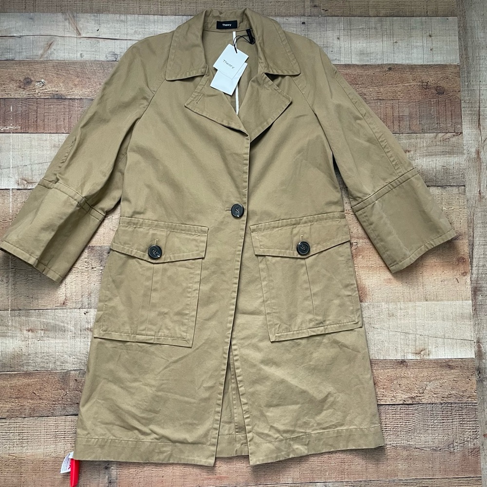 Theory OKEITH Assymetrical Trench Coat Womens Medium NEW with Tags Khaki
